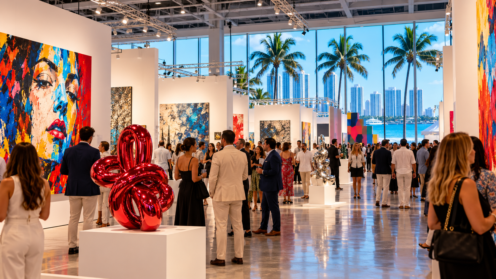 Ilustração de uma feira de arte contemporânea em um amplo pavilhão de Miami com obras coloridas e visitantes