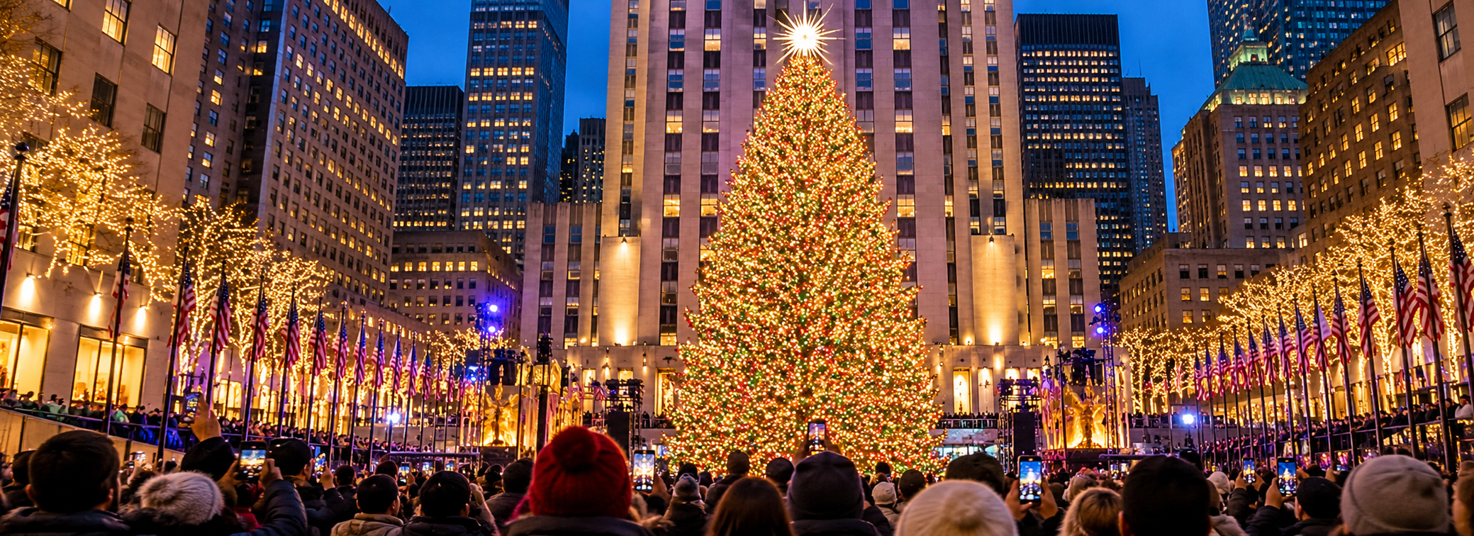 Ilustração de uma grande árvore de Natal iluminada em uma praça cercada por edifícios em Nova York