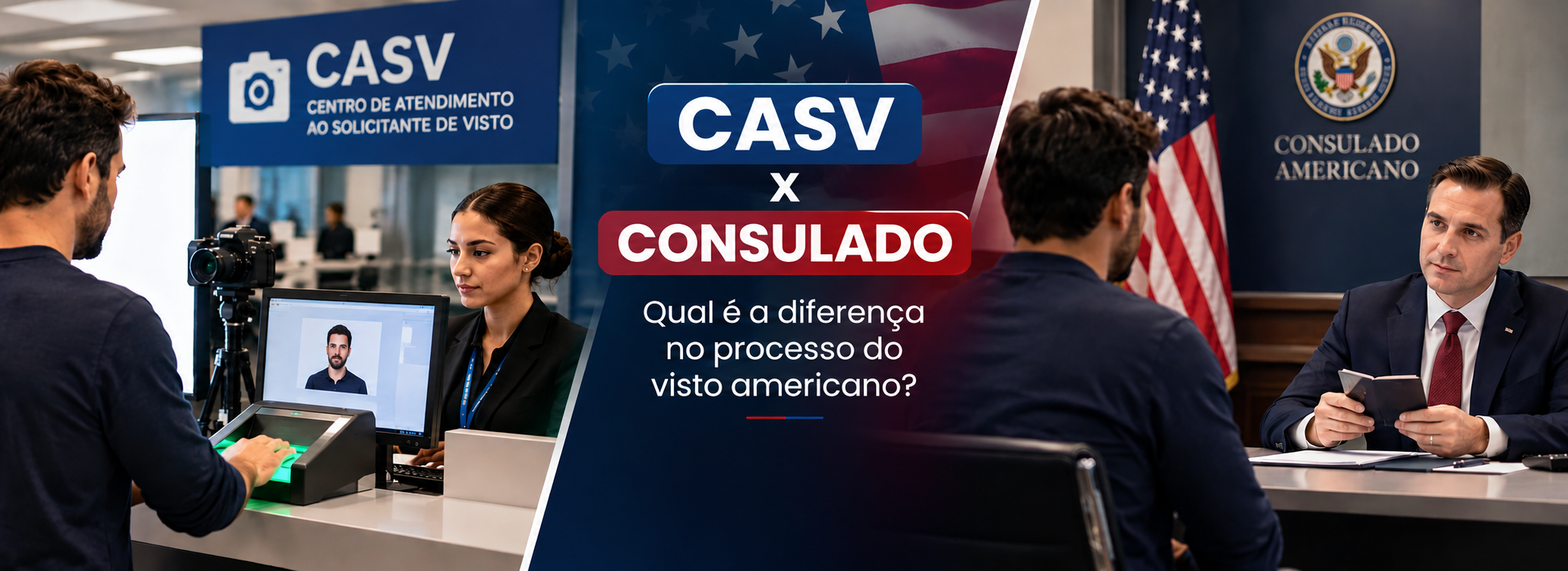 Comparação ilustrativa entre coleta de dados biométricos no CASV e entrevista com oficial consular para o visto americano