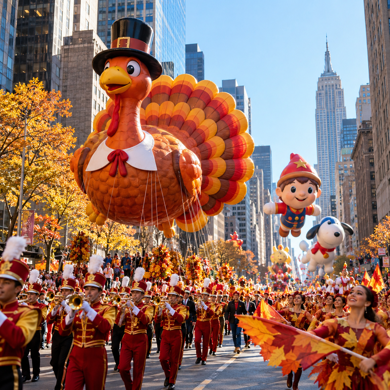 Ilustração de um grande desfile de Thanksgiving com balões gigantes e bandas em uma avenida de Nova York