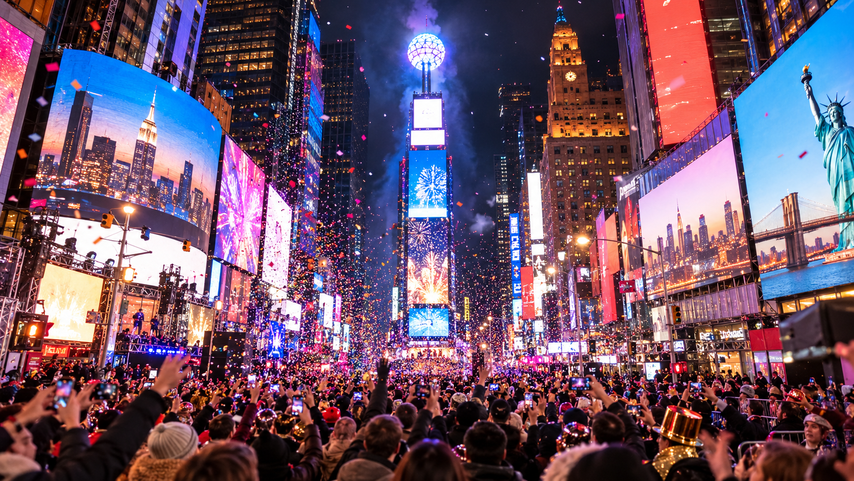 Ilustração da multidão reunida em Times Square, Nova York, para a contagem regressiva de Ano-Novo com confetes e painéis luminosos